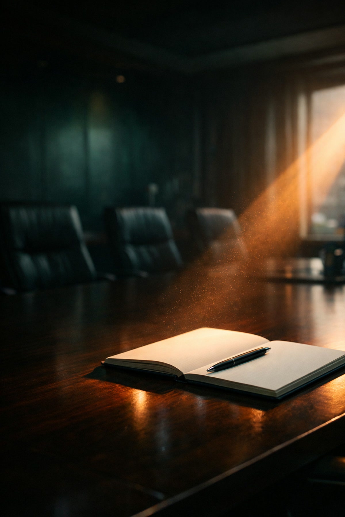 Um caderno aberto com uma caneta sobre a mesa de conselho, iluminado por um feixe de luz.